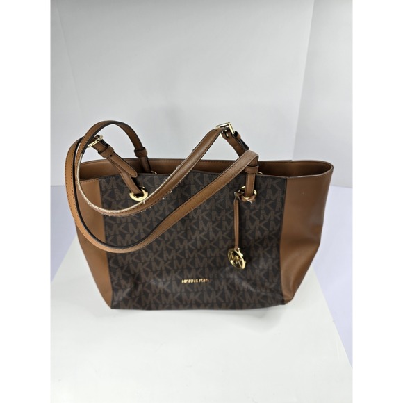 Michael Kors Charlotte Signature Leather Large Brown Shoulder Bag Travel‎ Beach - Picture 1 of 16